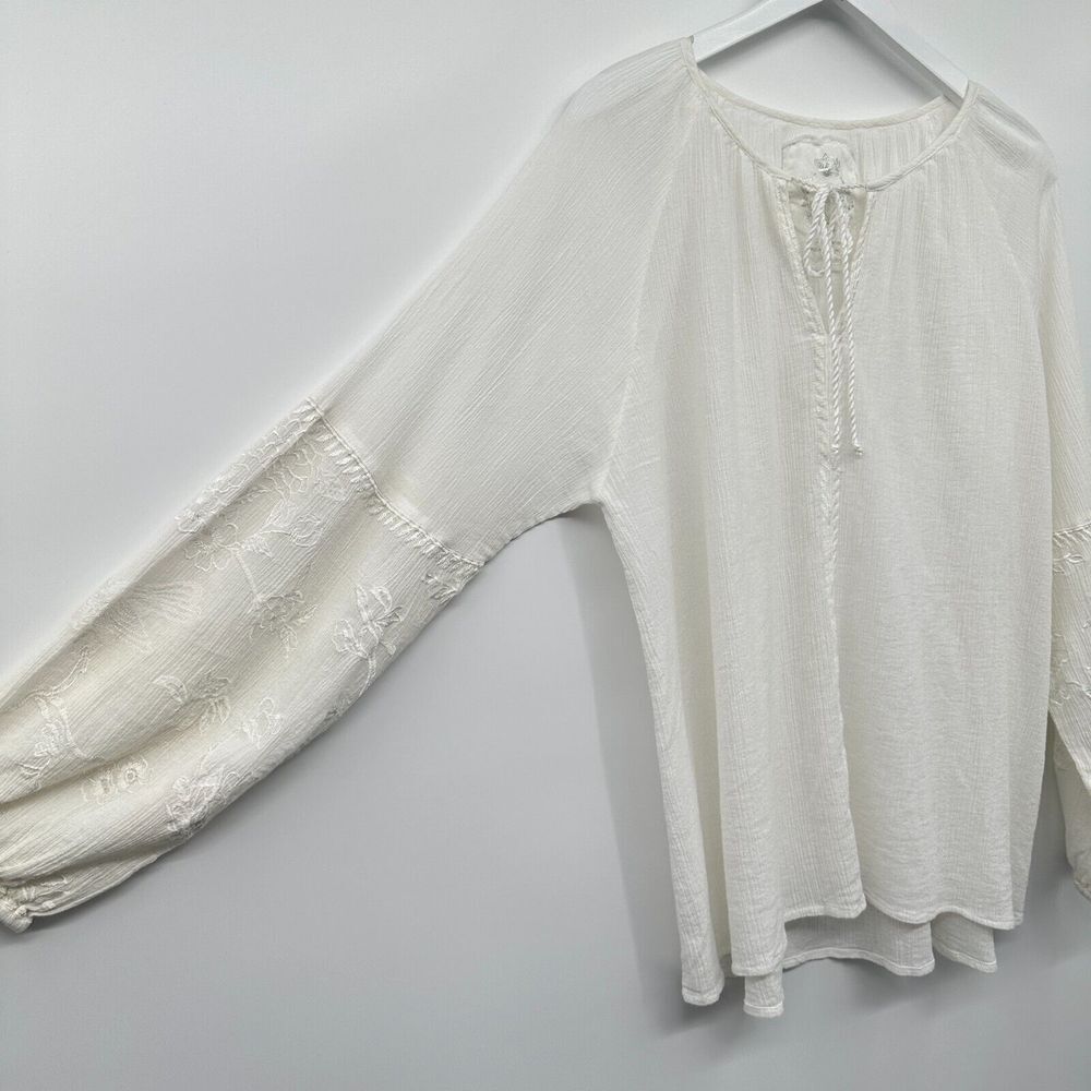 Cino Top Shirt Size XXLarge Embroidered White Long Balloon Sleeve Sheer Blouse - Picture 2 of 14